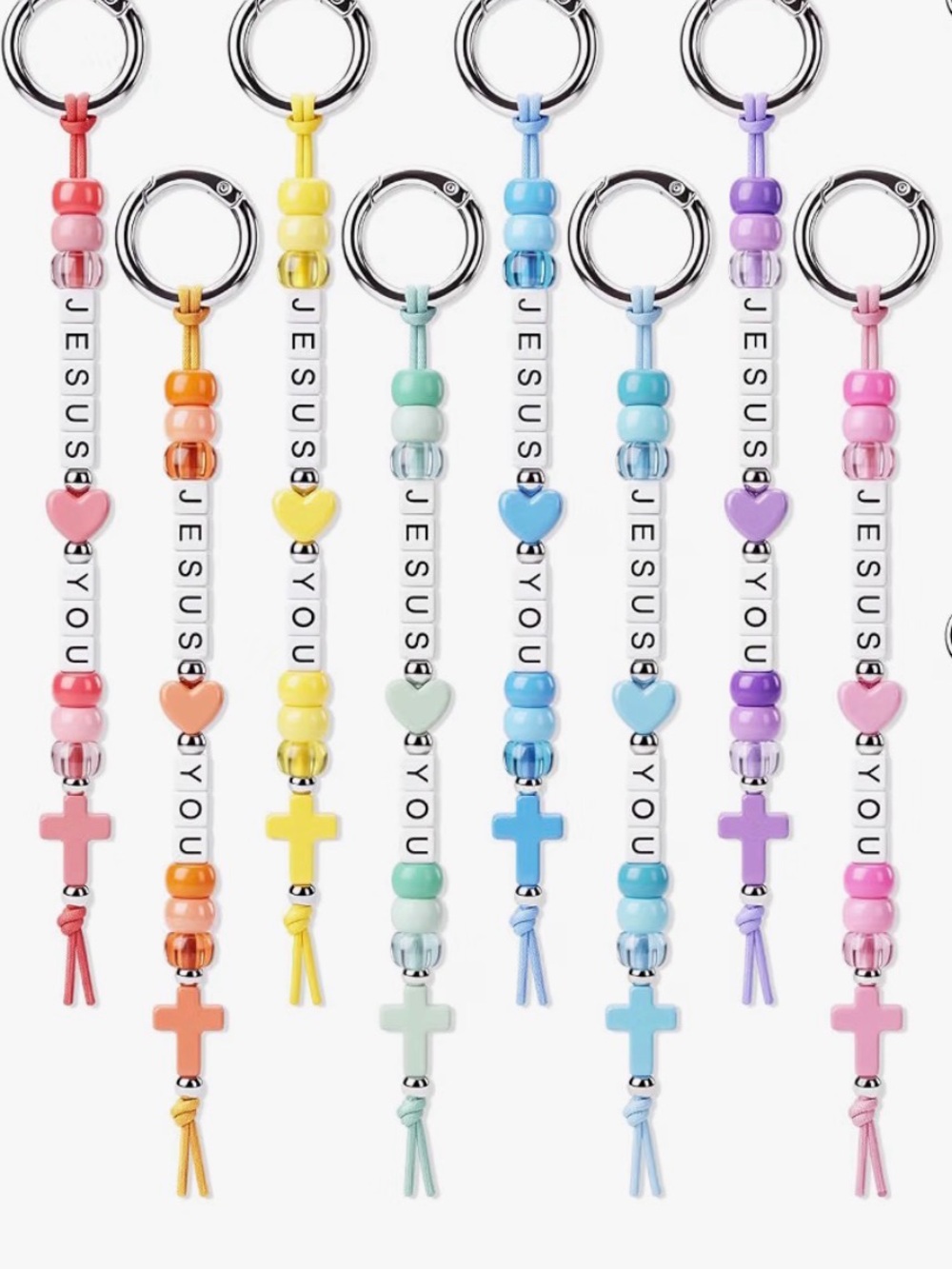 Beaded 'JESUS YOU' Heart & Cross Keychain - Multicolor Pastel Options